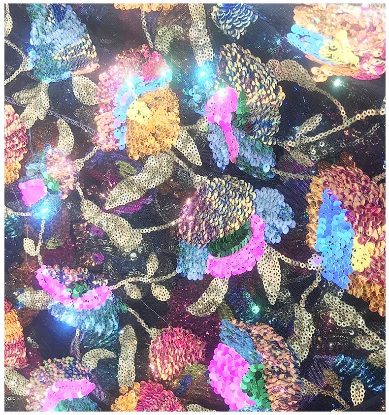 49"W Iridescent Sequin Floral Fabric ��� Colorful Big Flower Embroidery ��� Elegant Fashion Dress & G