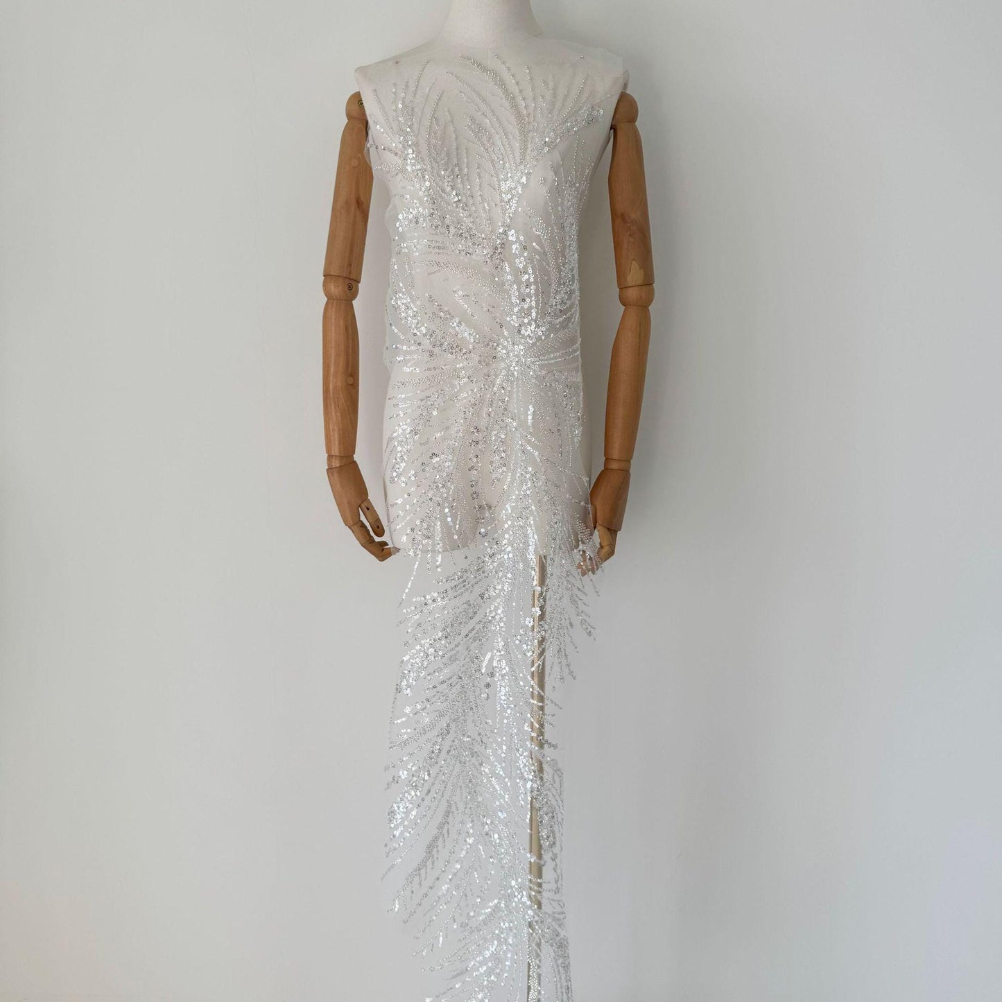 White color High-End Beaded Sequin Lace Fabric for Wedding Dresses, Full Embroidered Panel