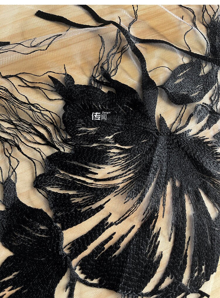 Black 3D Flower Embroidery Lace Fabric - Bridal Wedding Dress, Costume - 57"W