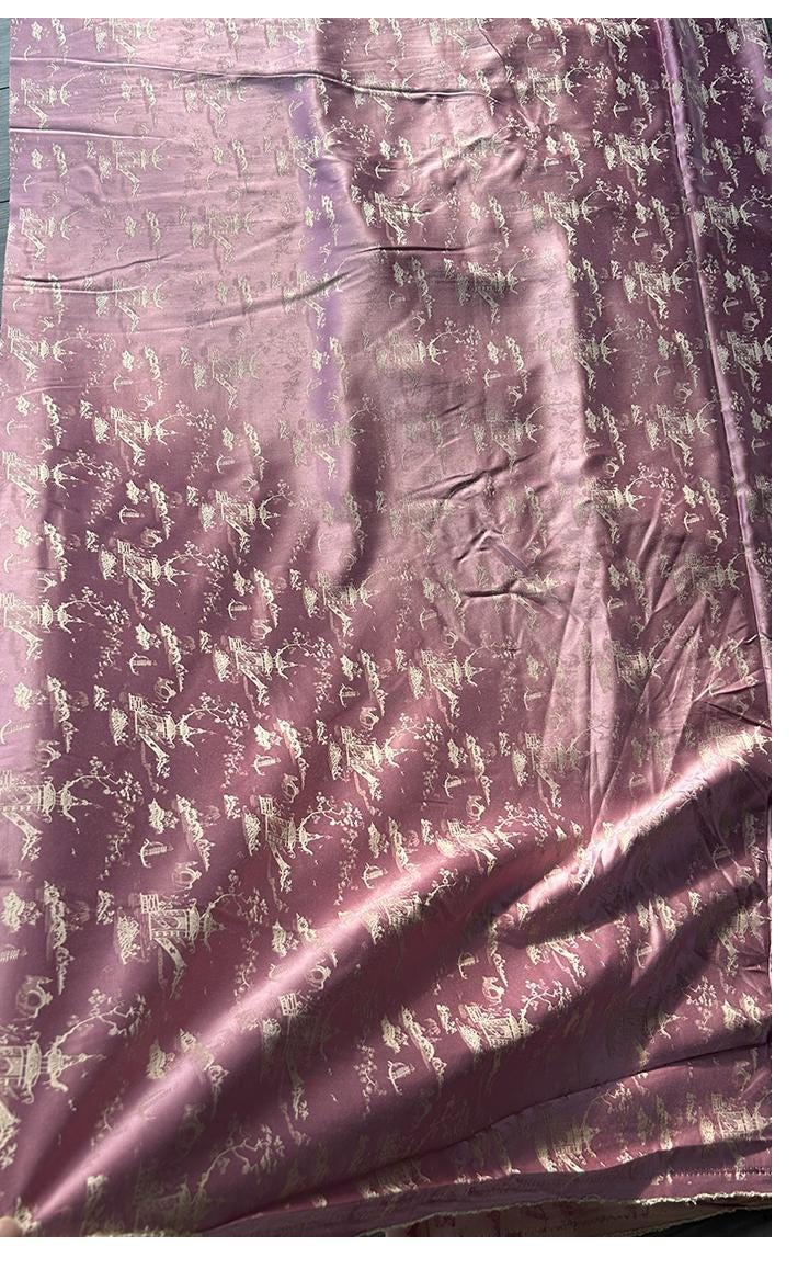 Tissu satiné à motifs de peintures anciennes : 147 cm de large, impression numérique, soie thé