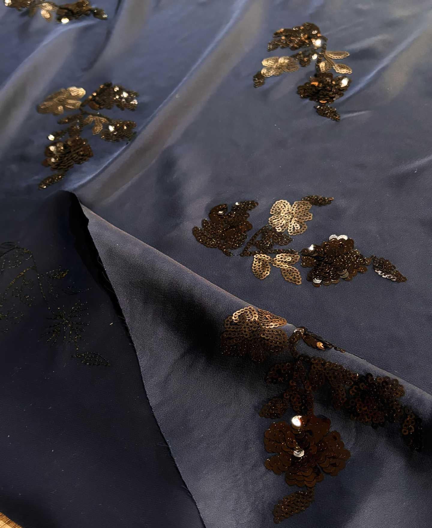 Black Satin Fabric with Gold Sequin Embroidery ��" Wide