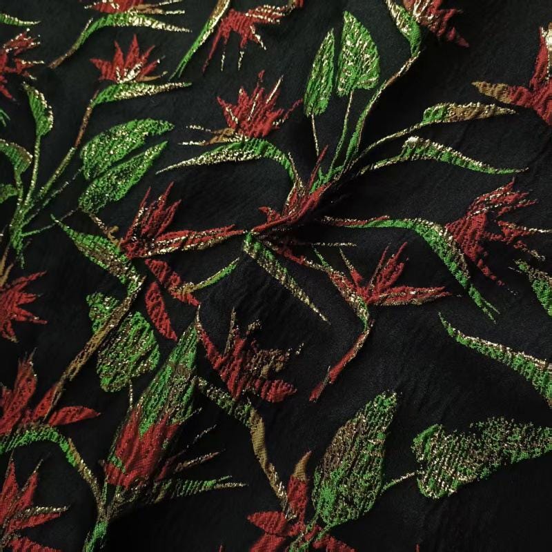 Black Embossed Jacquard Fabric: Gold Thread Yarn-Dyed Design, 55"W