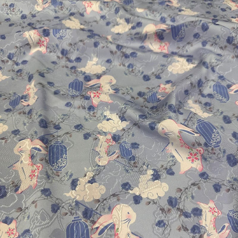 Blue Rabbit Print Tencel Ramie Fabric, Sewing Material, 55 inch
