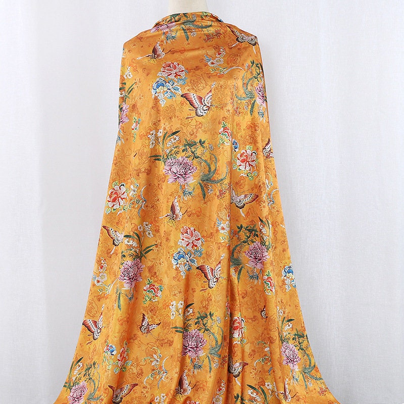 Butterfly Floral Tea Silk Satin Fabric: 59"W Digital Print Sewing Material