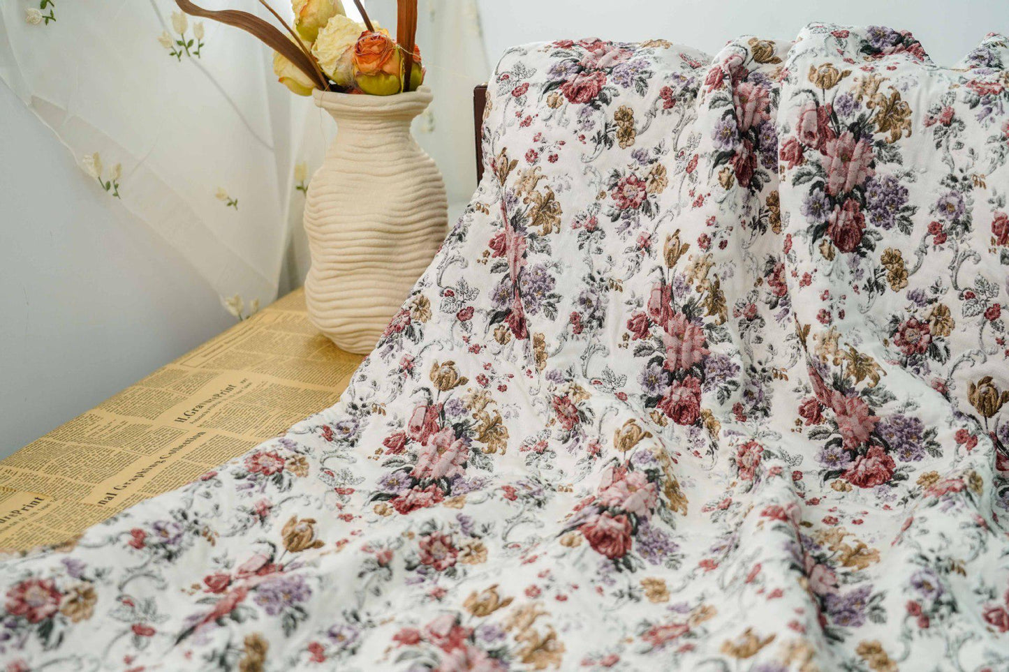 Vintage Floral Jacquard Fabric: 3D Embossed Woven Upholstery, 50"W