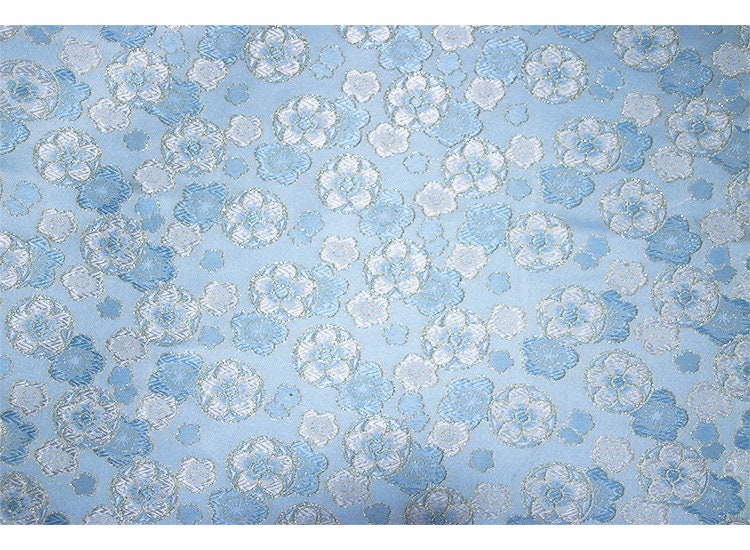 Cherry Blossom Jacquard Brocade Fabric: Blue Silk Rayon Blend, 57" Wide