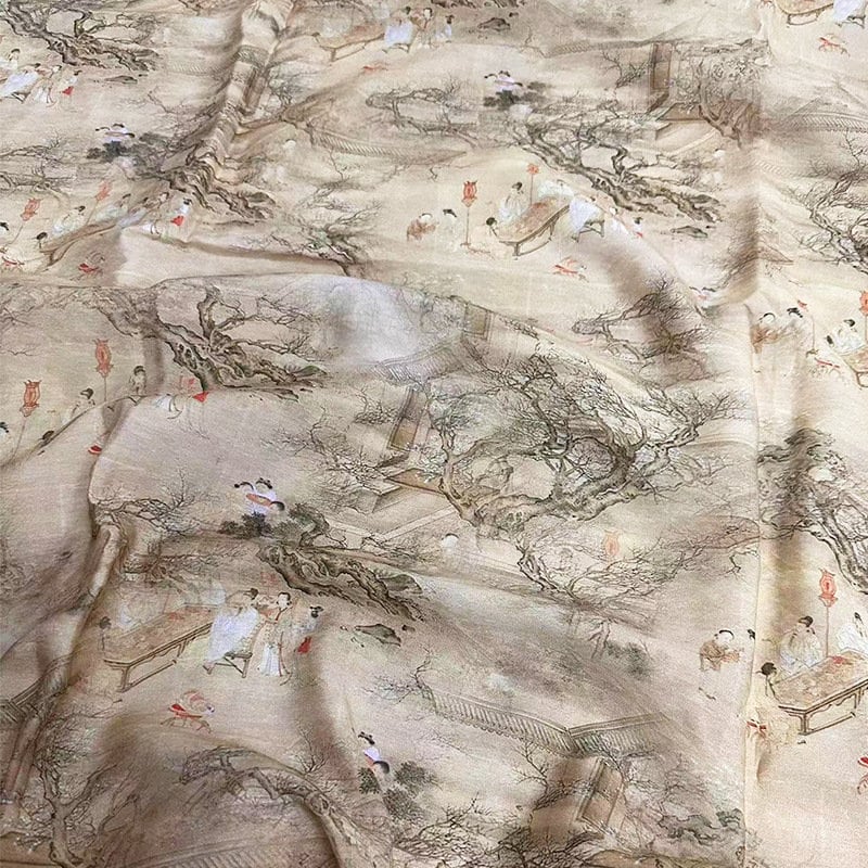 Tencel Ramie Fabric: Ancient Ladies Print, Sewing Material by Meter
