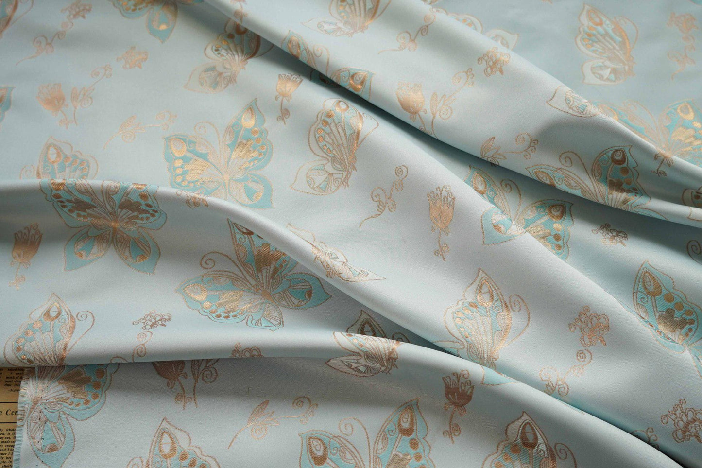 Aqua Butterfly Gold Foil Jacquard Fabric: Chenille Upholstery, 56"W
