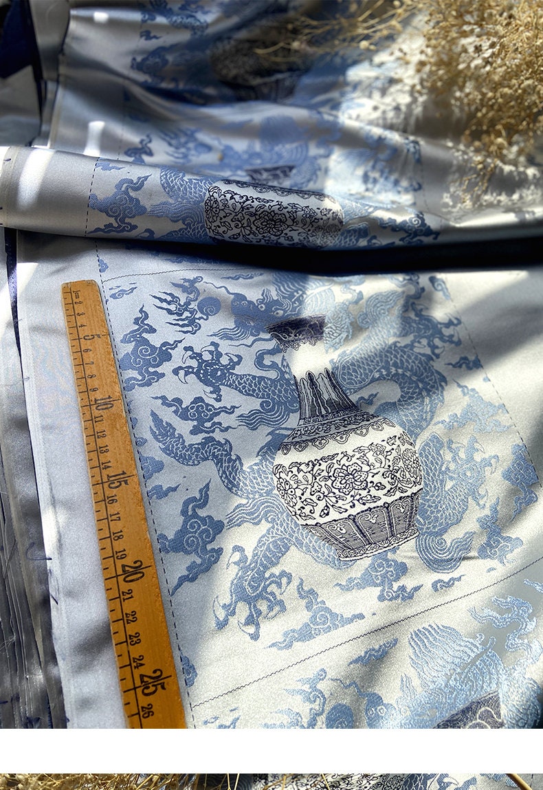 Blue Dragon Jacquard Fabric: Rayon Cheongsam Hanfu Material (26x26cm)
