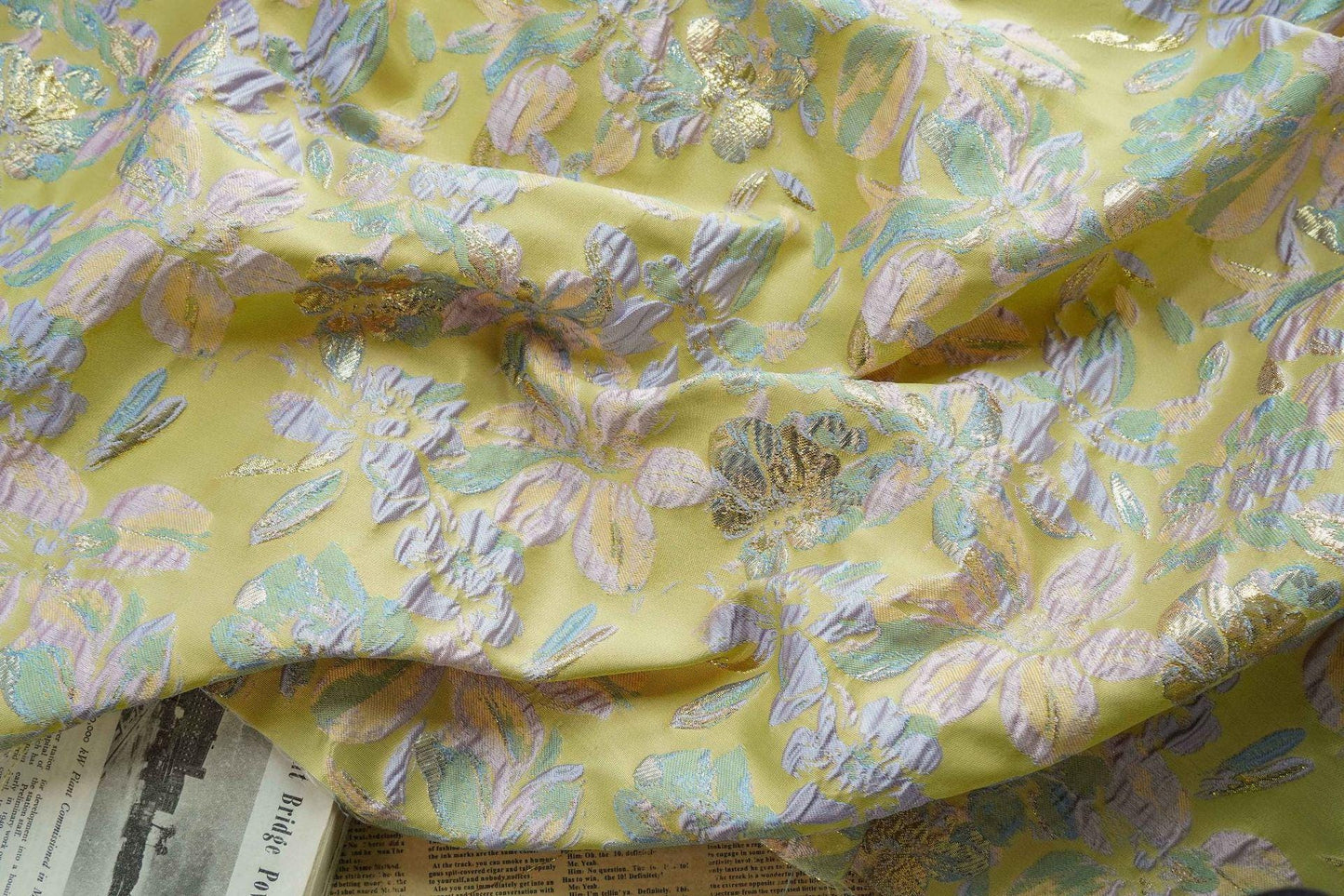 Gold Thread Floral Jacquard Fabric: Pink Purple 3D Designer Fabric, 55"W