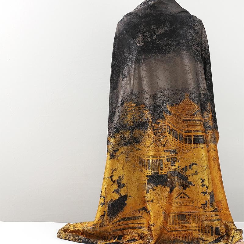 Ancient Architecture Tea Silk Satin Fabric - 59"W Upholstery & Costume