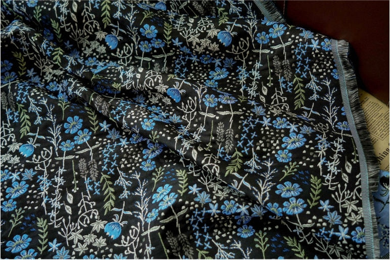 Blue Flower Jacquard Fabric: 3D Relief Polyester, 57" Wide