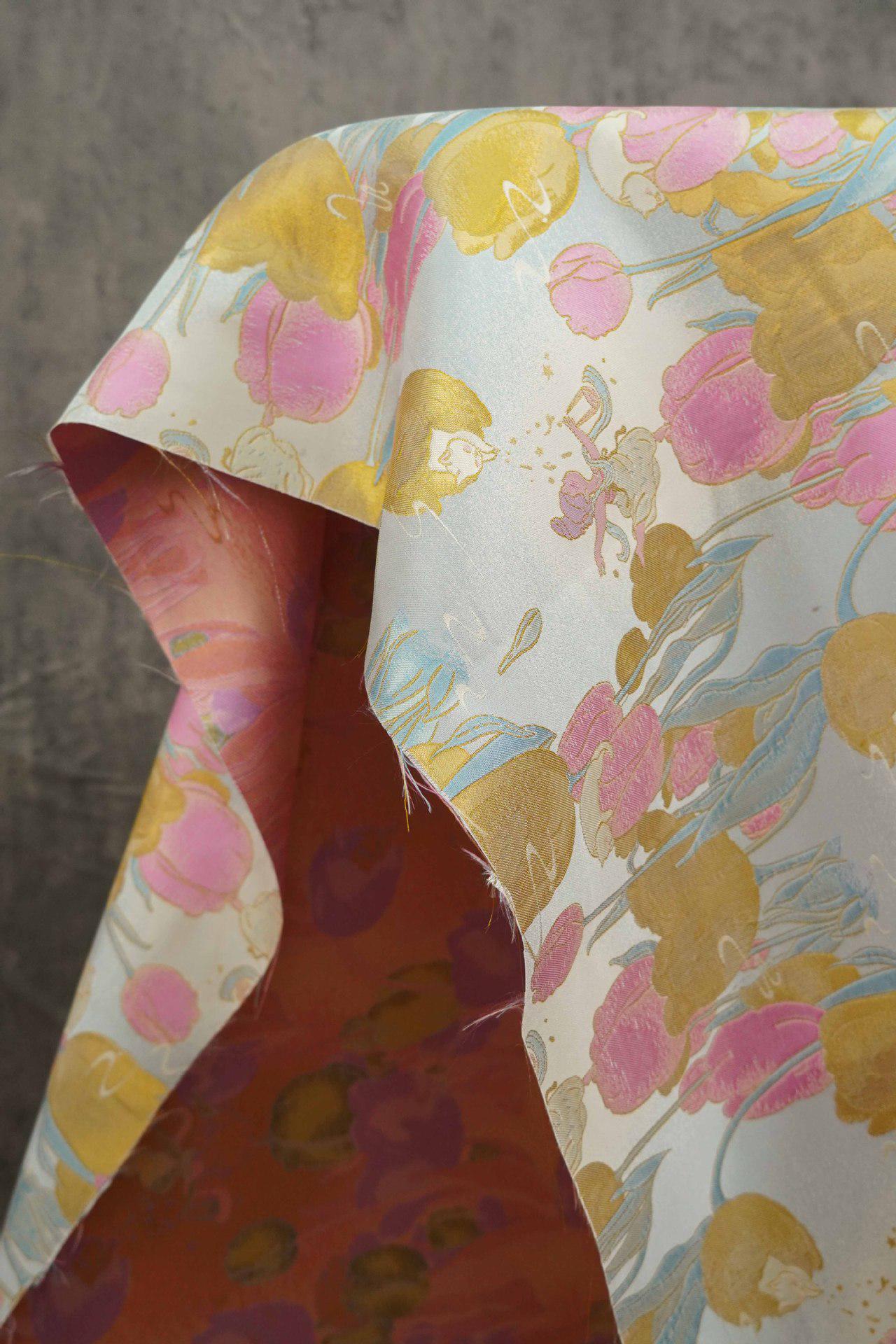 Gold Tulip Jacquard Fabric: 59"W Upholstery & Drapery
