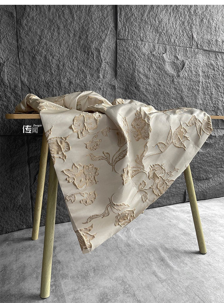 Champagne Magnolia Embroidered Jacquard Fabric: 57"W Floral Upholstery
