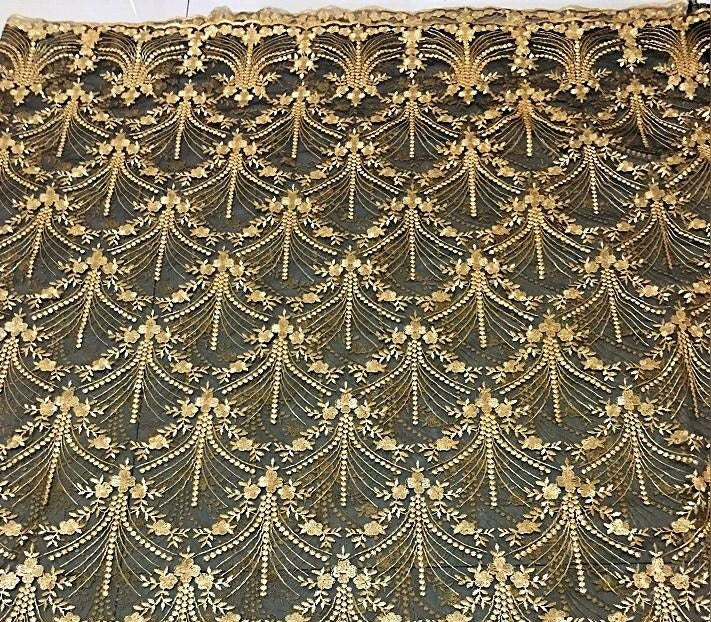 Gold Thread Embroidery Lace Fabric, 3D Floral Mesh, 50"W