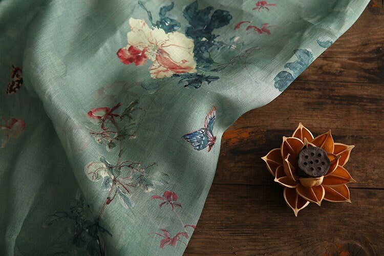 Tissu ramie imprimé floral : matériau de couture de style asiatique, 145 cm de large