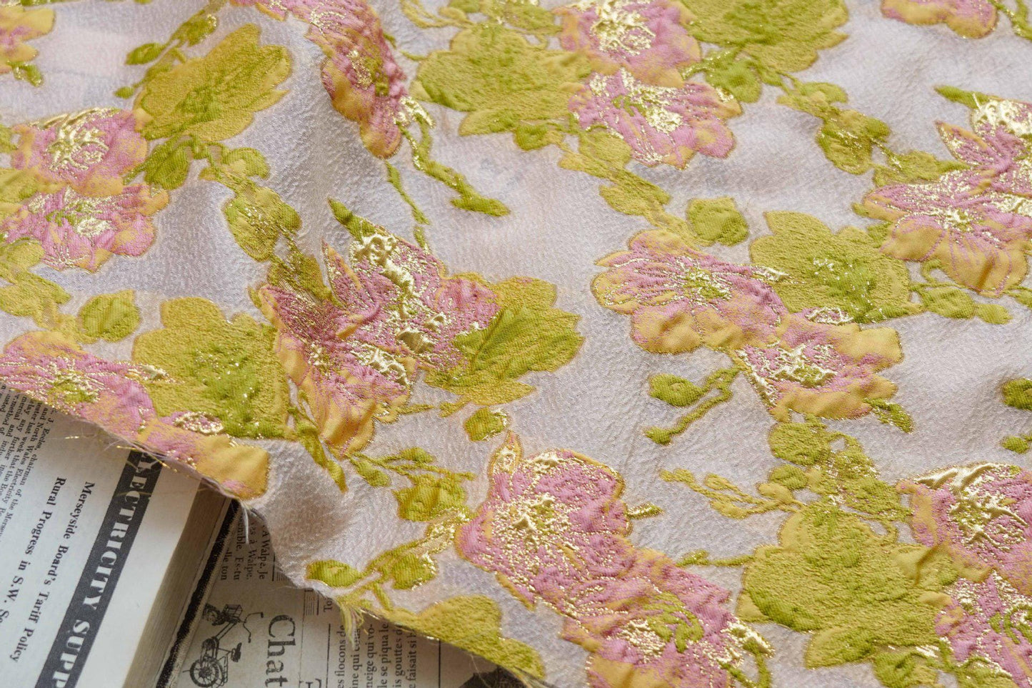 Gold Thread Jacquard Fabric: Embossed European Designer Material, 53" Wide