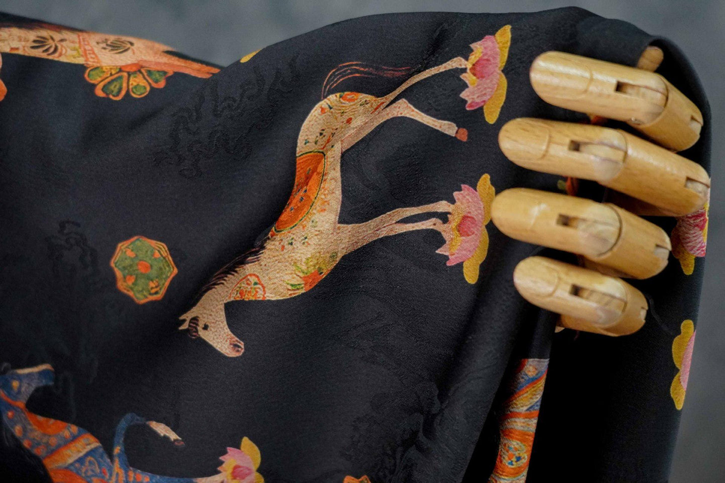 Horse Jacquard Tea Silk Fabric, Chinese Symbolic Textile, 59"W