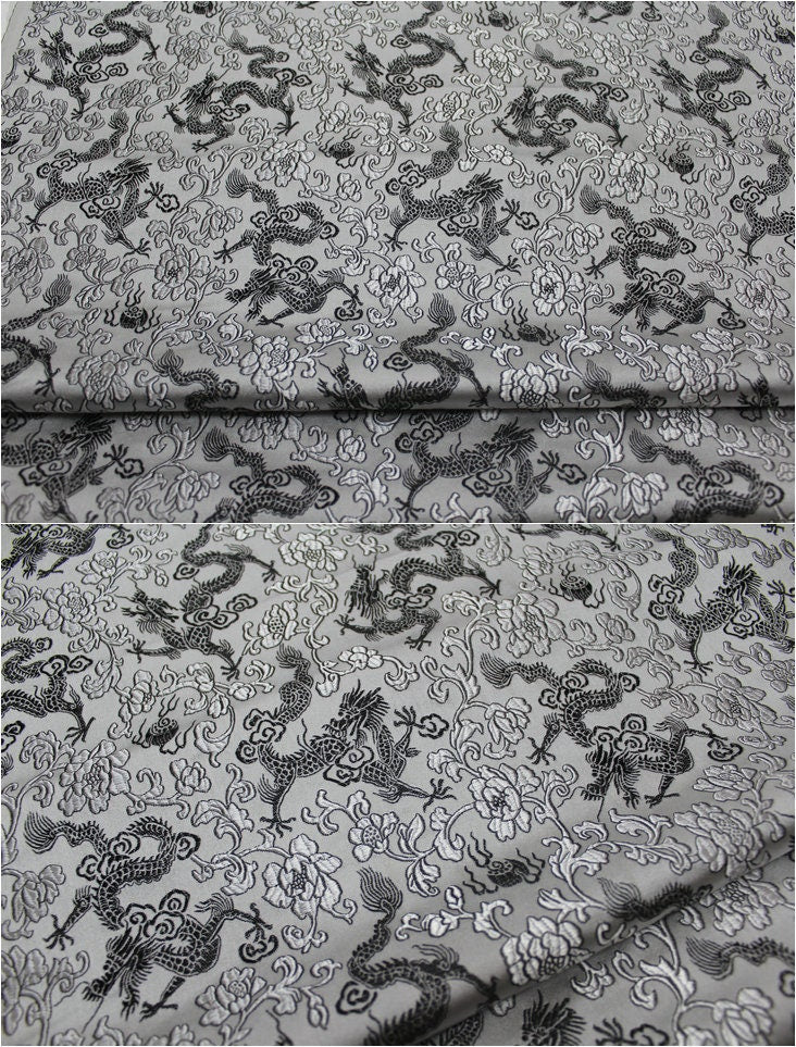 Dragon & Flower Brocade Fabric: Multi-Color Silk Rayon Blend