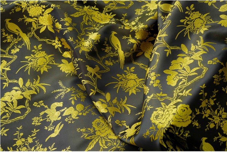 Black Gold Chinese Brocade Fabric Wild Bird and Azalea Cushion cover, pillow case, cheongsam, Qipao, Upholstery, Costume, bag, Sewing/Fabric