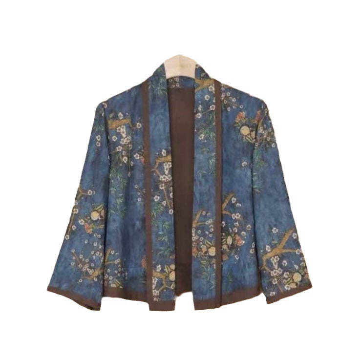 Tissu en soie bleu sarcelle effet thé : satin imprimé floral, 150 cm de large