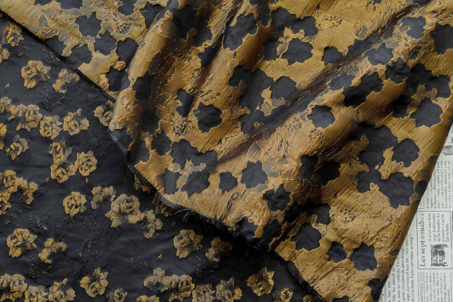 Vintage Black Jacquard Fabric with Embossed Gold Roses, Brocade Upholstery Material, 62"Wide