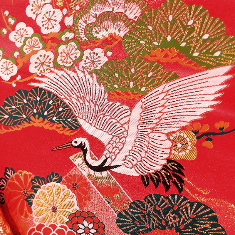 Japanese Crane Fabric: Gold Jacquard Satin, 29.5"W Rayon