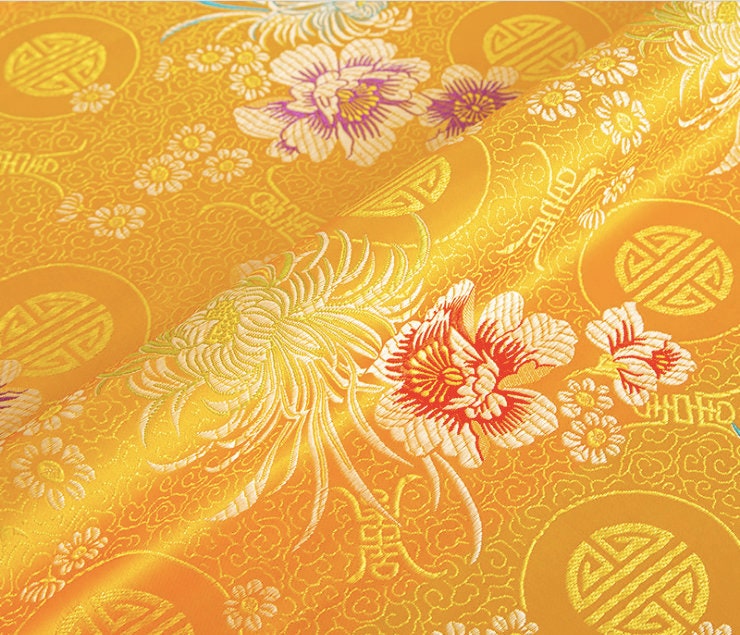 Chrysanthemum Brocade Fabric: Red & Yellow Floral Damask (29.5"W)