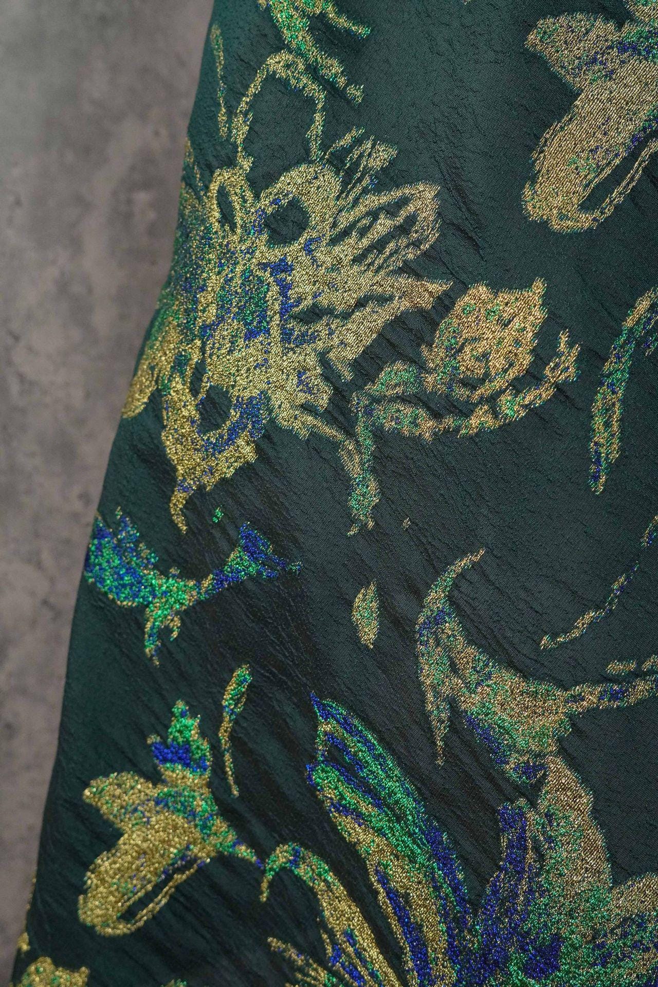 Dark Green Floral Jacquard Fabric with Gold Thread - 55" Wide - By The Yard