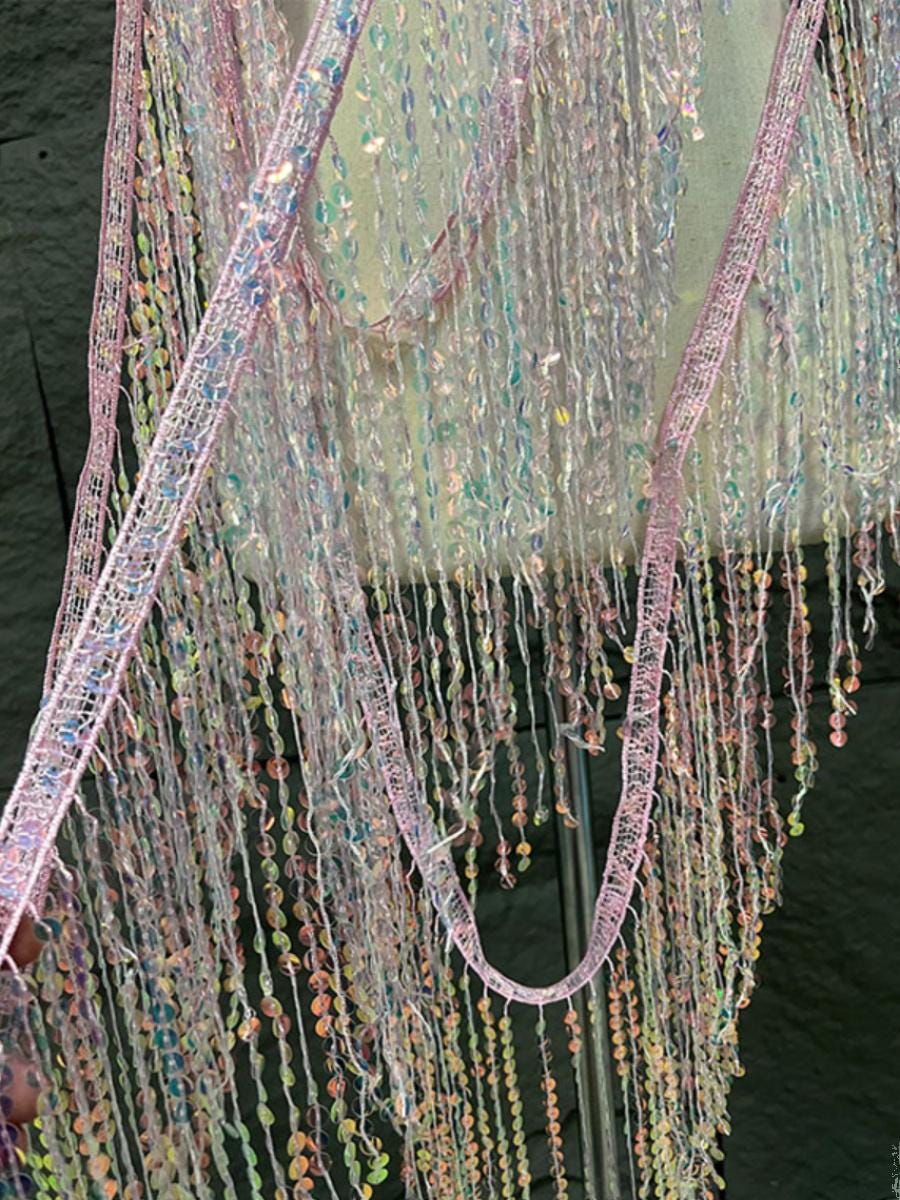 Sequined Tassel Fabric: 25cm Wide Designer Trim