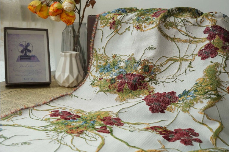 Vine Flower Jacquard Fabric: 3D Oil Painting Texture, 58" Wide
