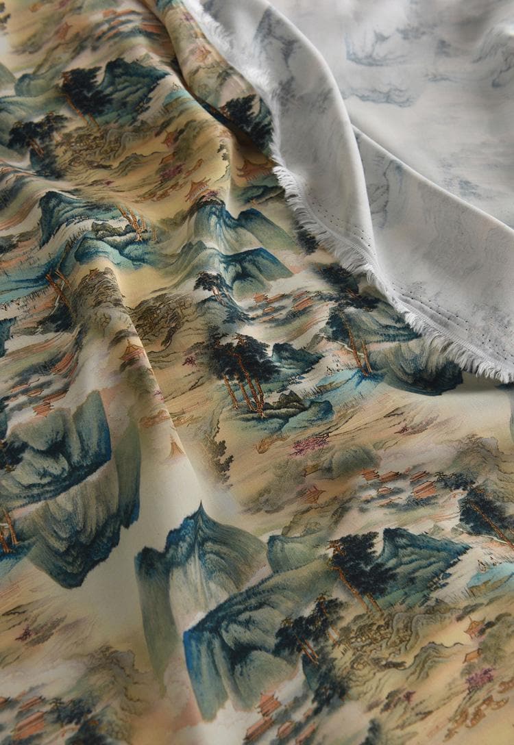 Tissu en coton à motif de peinture à l'encre de Chine : paysage ancien, 140 cm de large