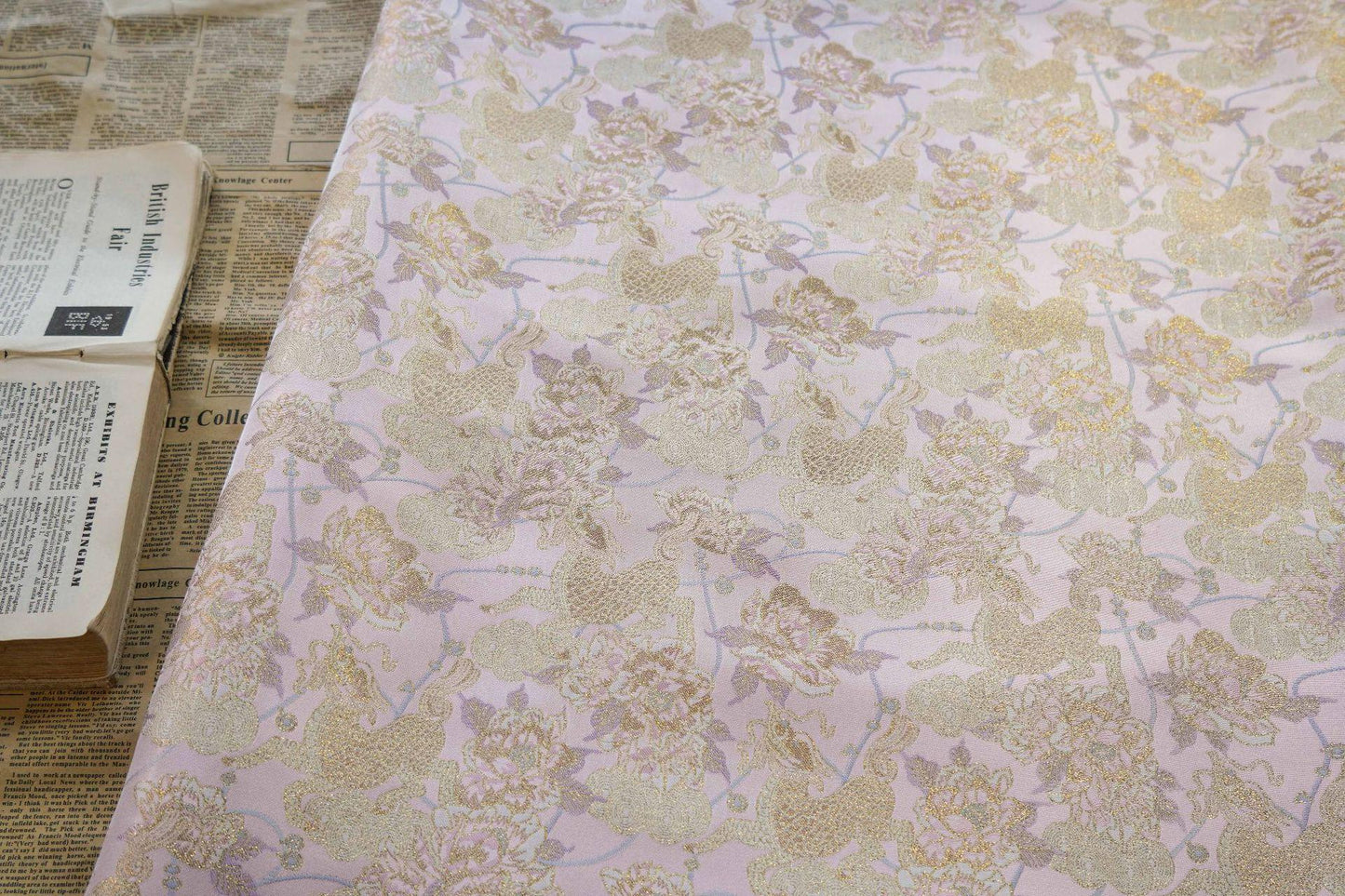 Gold Thread Pink Flower Jacquard Fabric: 3D Embossed Woven, 55"W