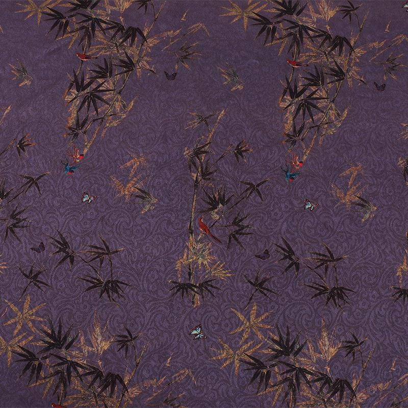 Red Peony & Bamboo Leaf Printed Chiffon Fabric ��� Elegant Flowing Materi"Wide