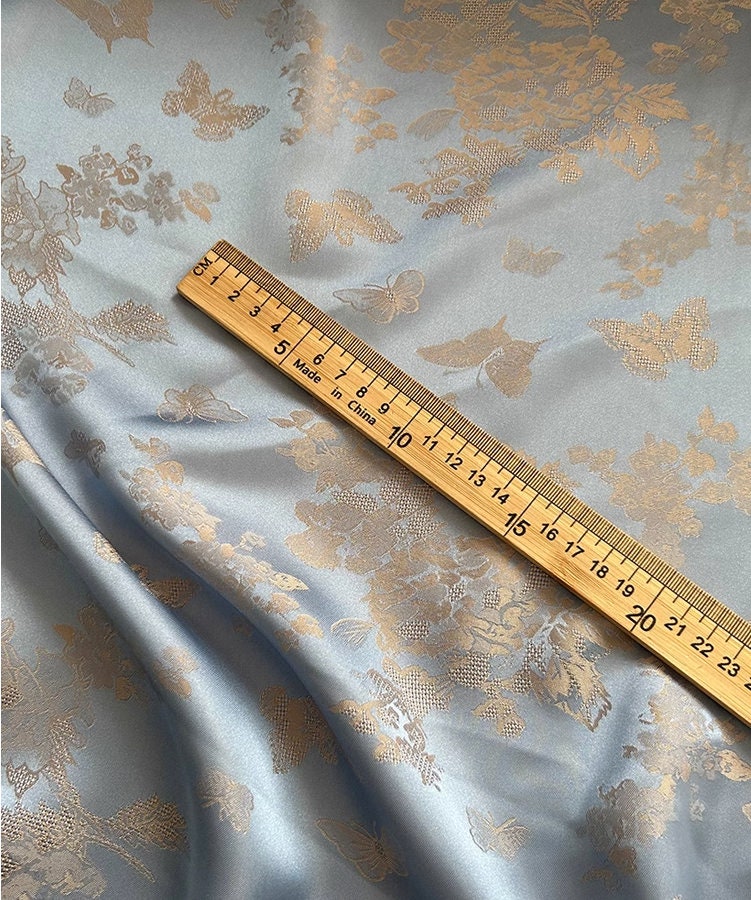 Aqua Blue Butterfly Nishijin Fabric: Japanese Silk Brocade, 55"W