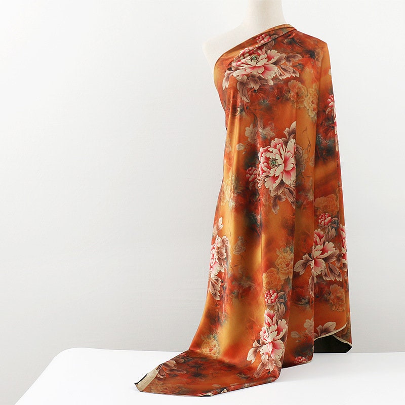 Floral Tea Silk Satin Fabric: Ancient Pattern, 59" Wide