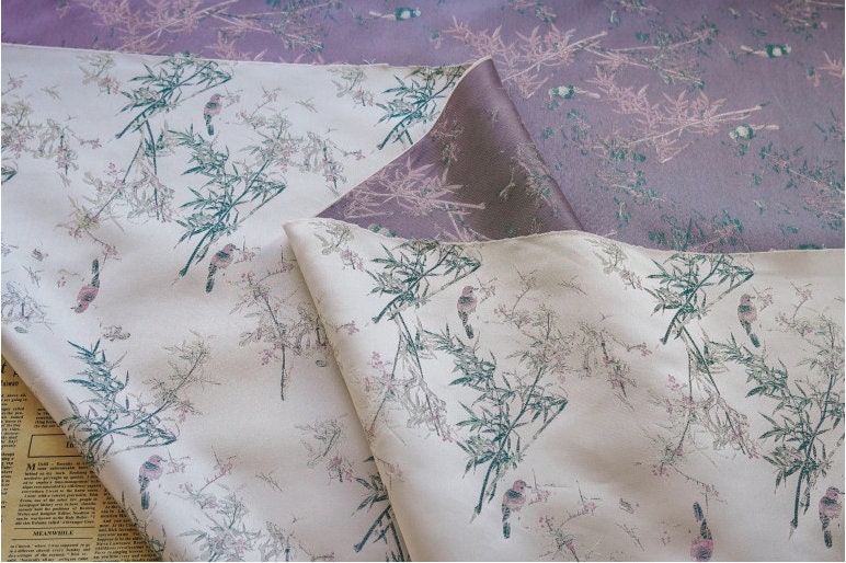 Floral Bamboo Brocade Satin Fabric - Light Purple, 59" Wide