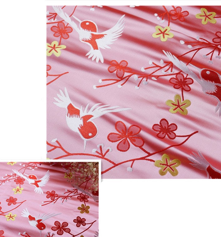 Floral Bird Brocade Fabric: Pink Cheongsam Qipao Material (59"W)