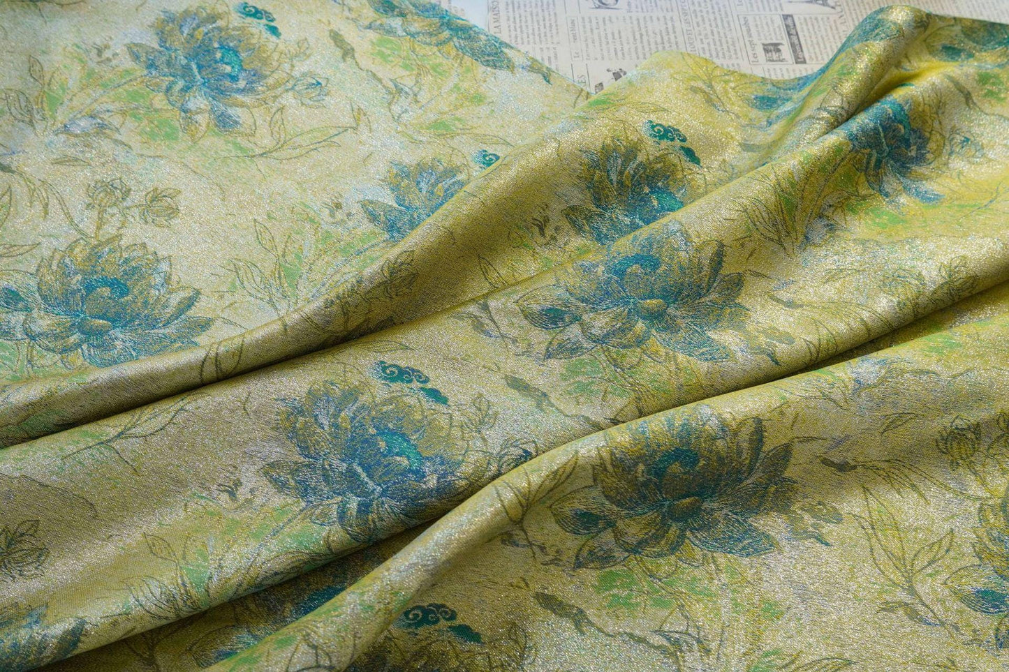 Gold Thread Jacquard Fabric: Green Lotus Upholstery & Dress Sewing (60" W, By The Meter