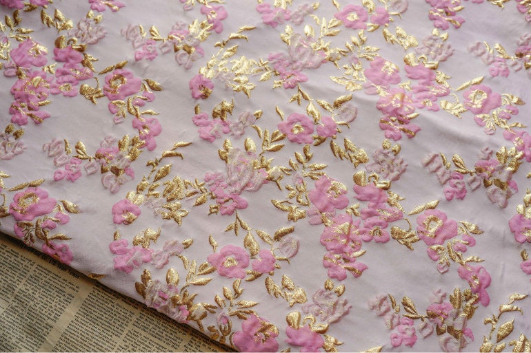 Pink Gold Floral Jacquard Fabric: 3D Designer Sewing Material (57"W)