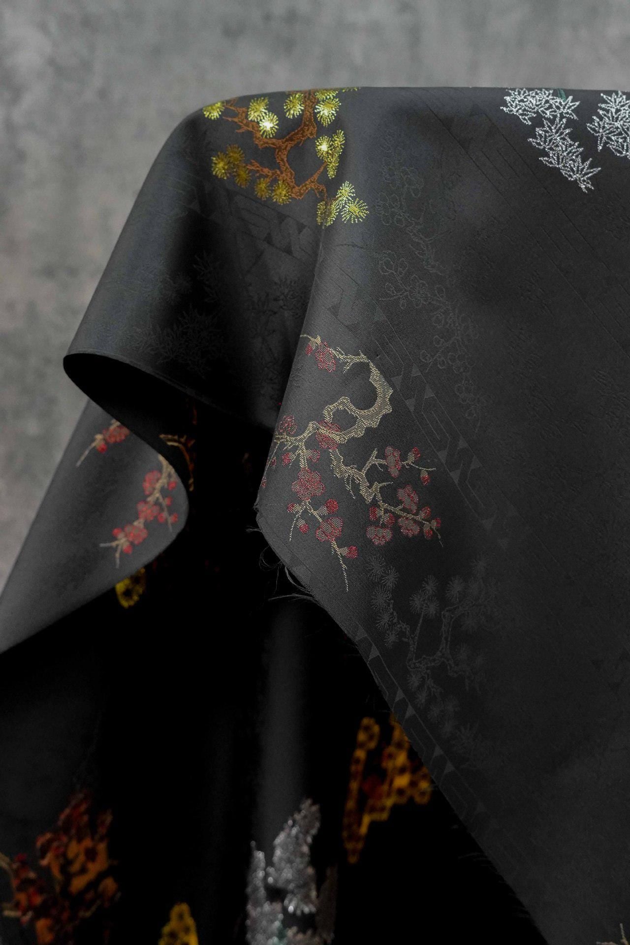 Gold Brocade Fabric: Pine, Bamboo & Plum Jacquard - 61" Wide