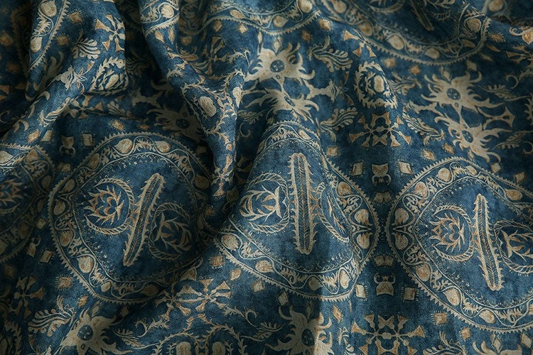 Blue Dunhuang Buddha Flower Ramie Fabric: 57"W Upholstery & Sewing