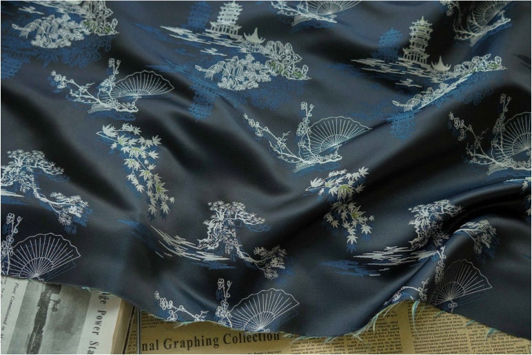 Jacquard Fabric: Ancient Fan Pattern Silk Rayon Blend, 67"W