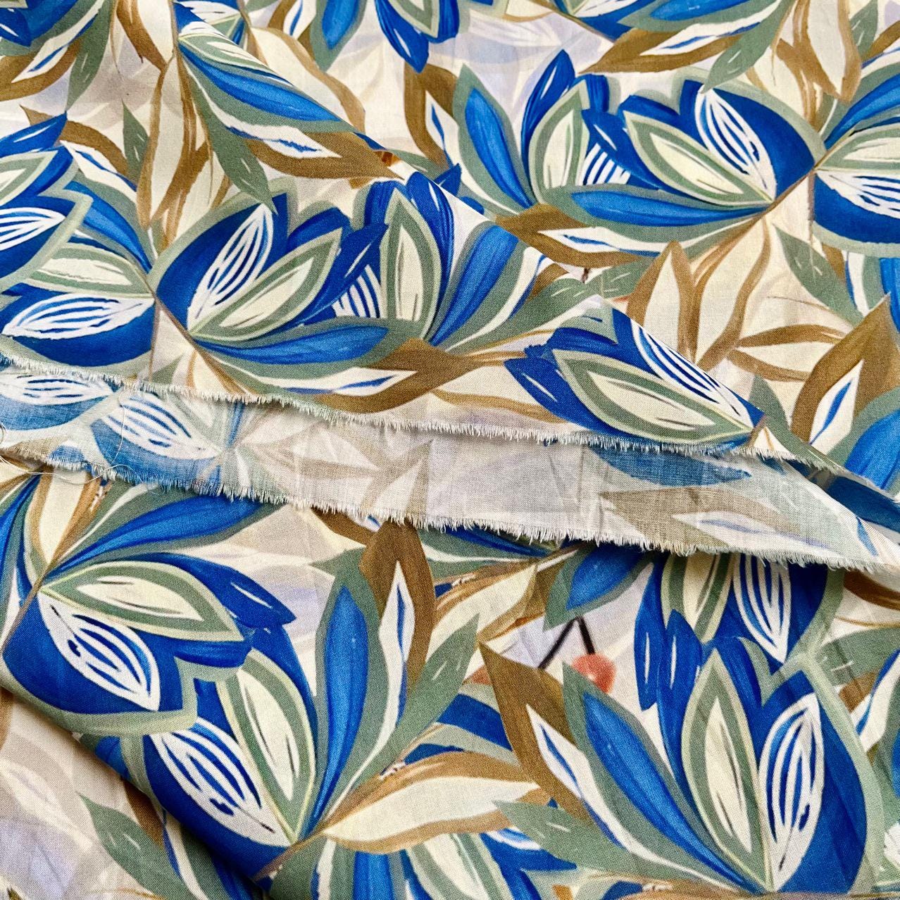 Floral Cotton Fabric: 60s Style, Blue & Brown Print, 59" Wide - Poppylollipop