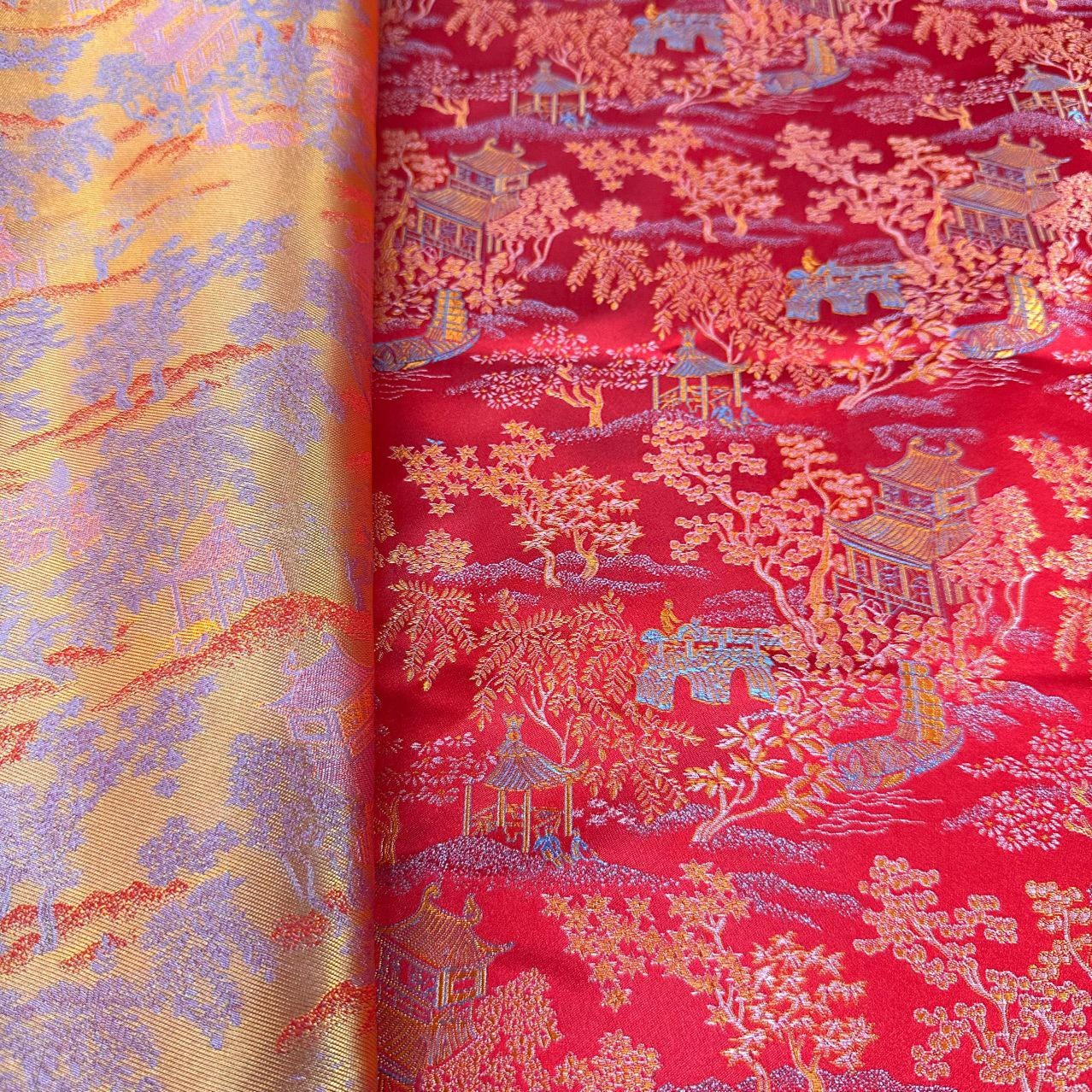 Ancient Chinese Brocade Fabric: 59"W Damask Pattern, Upholstery & Sewing