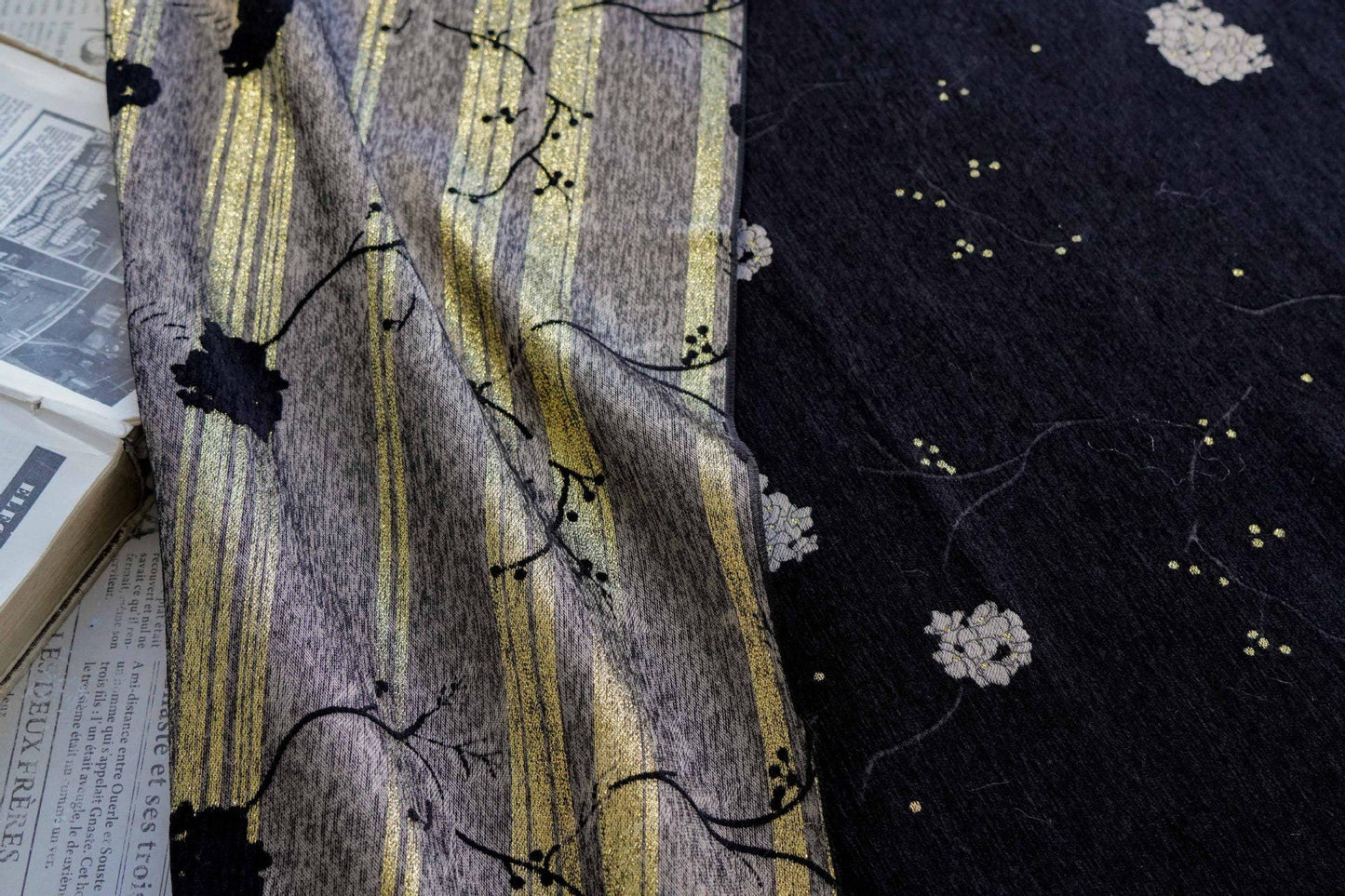 Retro Floral Chenille Jacquard Upholstery Fabric - Gold Thread, 60" Wide