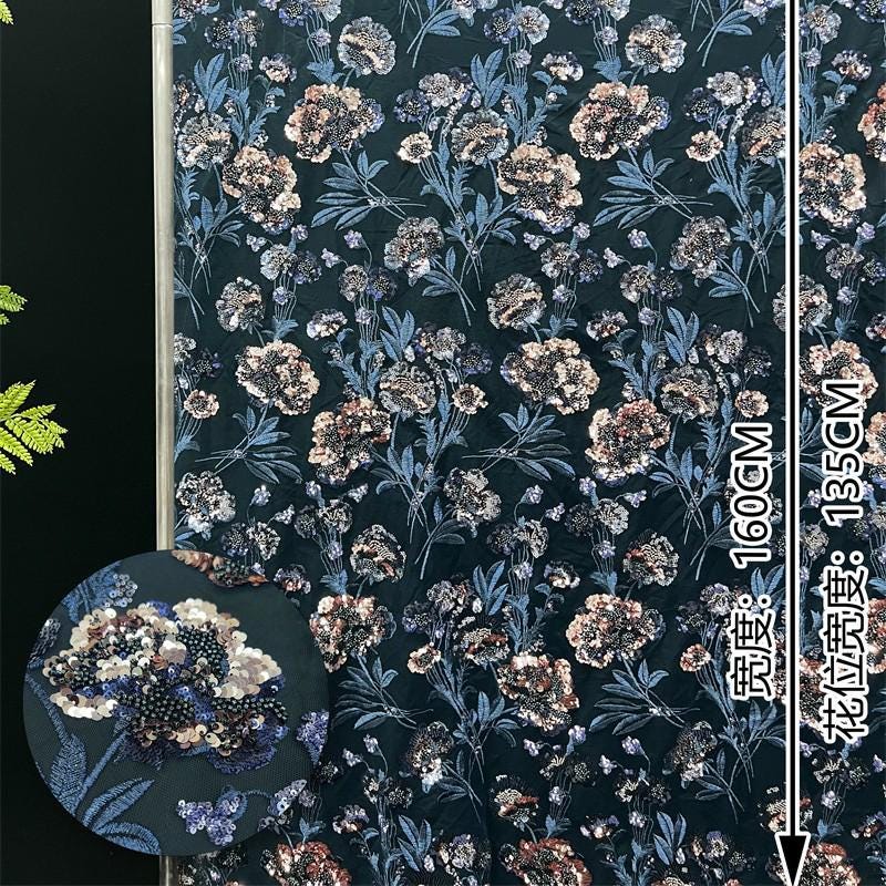 Floral Sequin Embroidery Mesh Fabric, 50" Wide, Prom Dress, Wedding