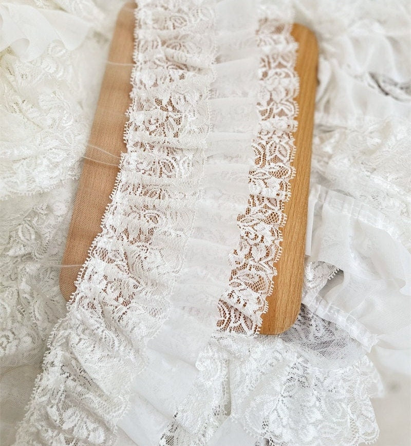 White Ruffled Lace Trim, Lolita Garment, Bridal, Doll Making (4.33"W)