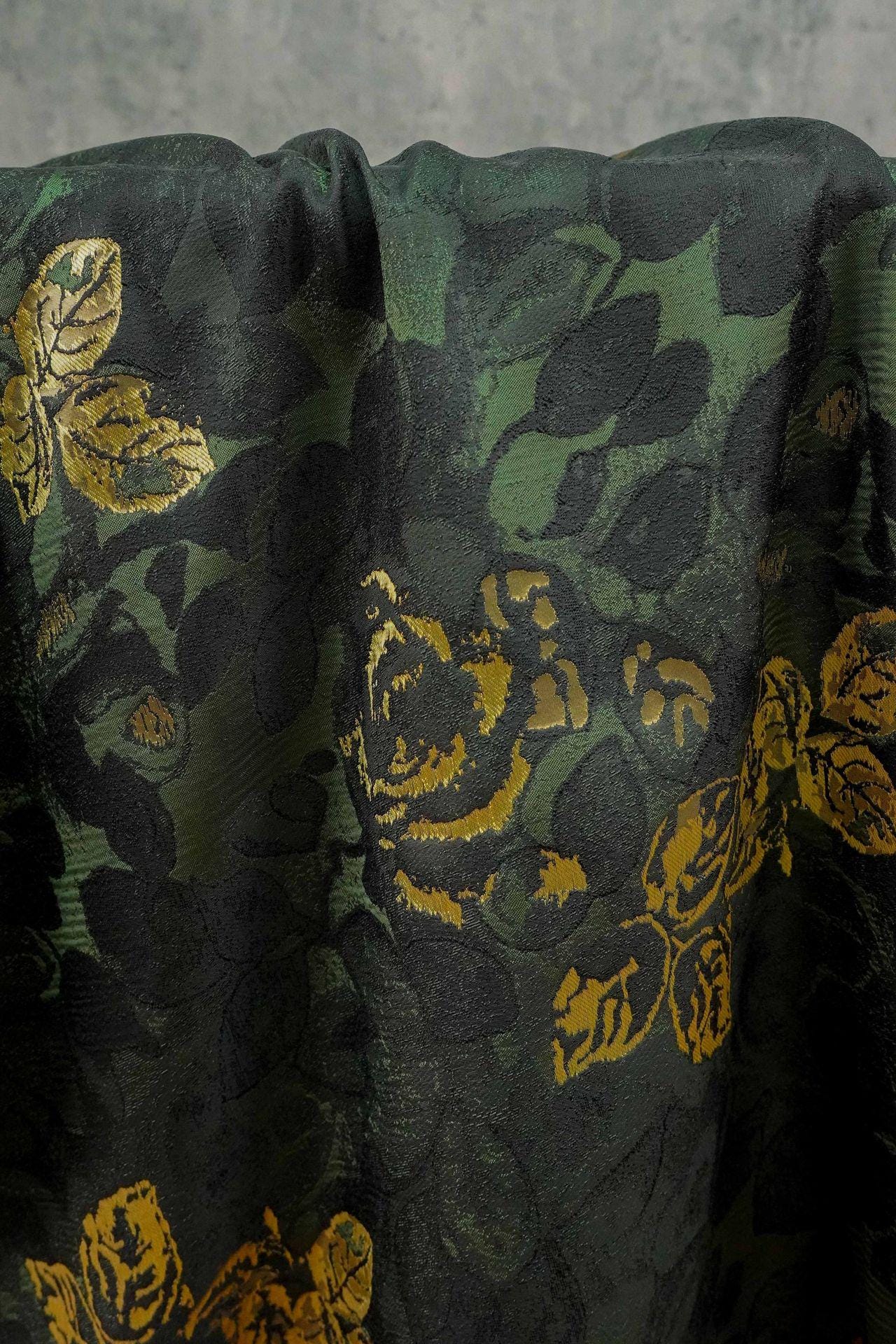 Green Jacquard Woven Fabric: 3D Gold Thread Embossed Texture, 61"W - Upholstery & Costume