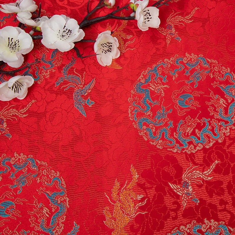 Tissu brocart Red Dragon Phoenix : mélange de rayonne de 150 cm de large